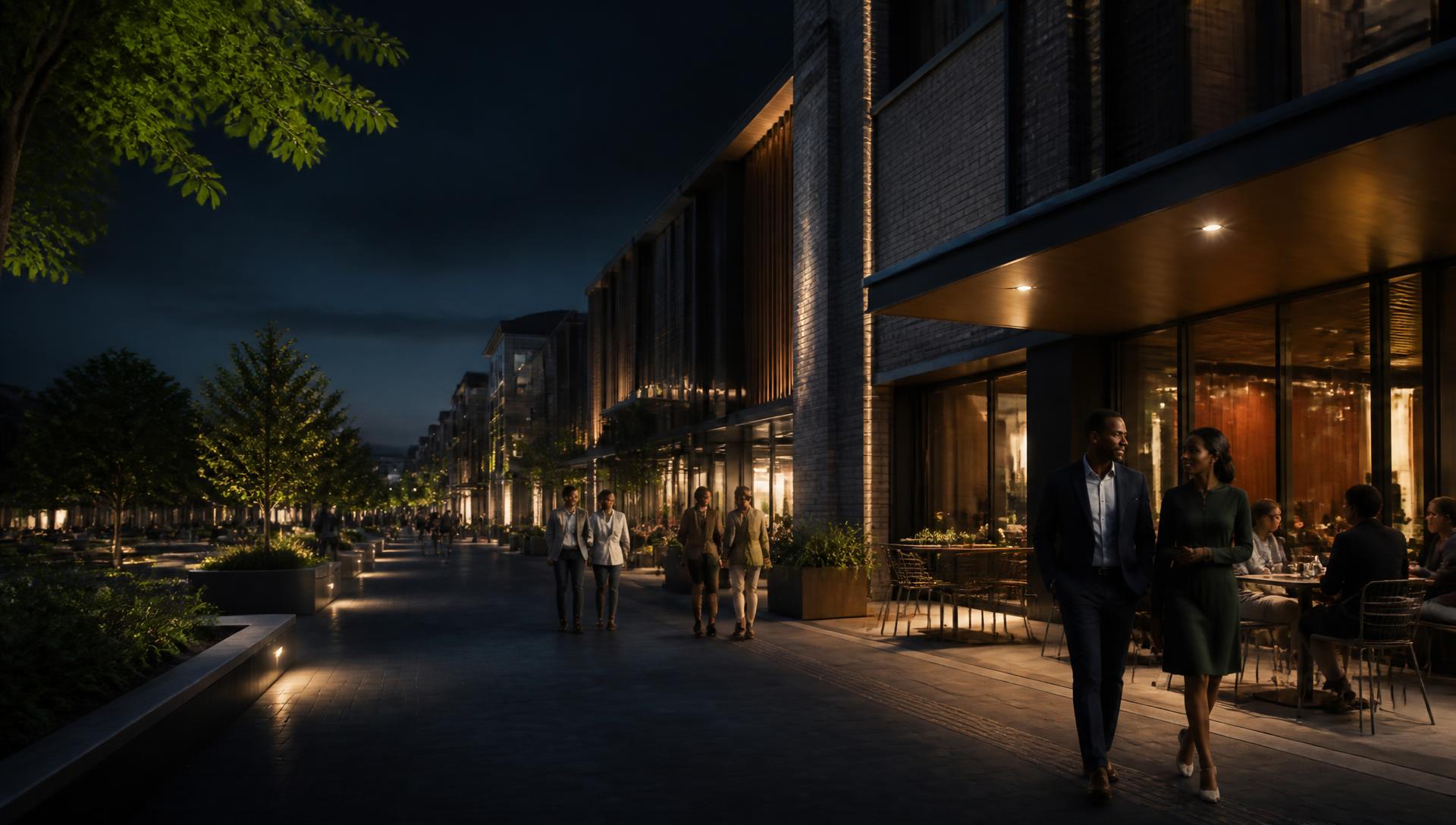 Modern Free State business street at dusk with an upscale restaurant, retail frontage and professionals walking